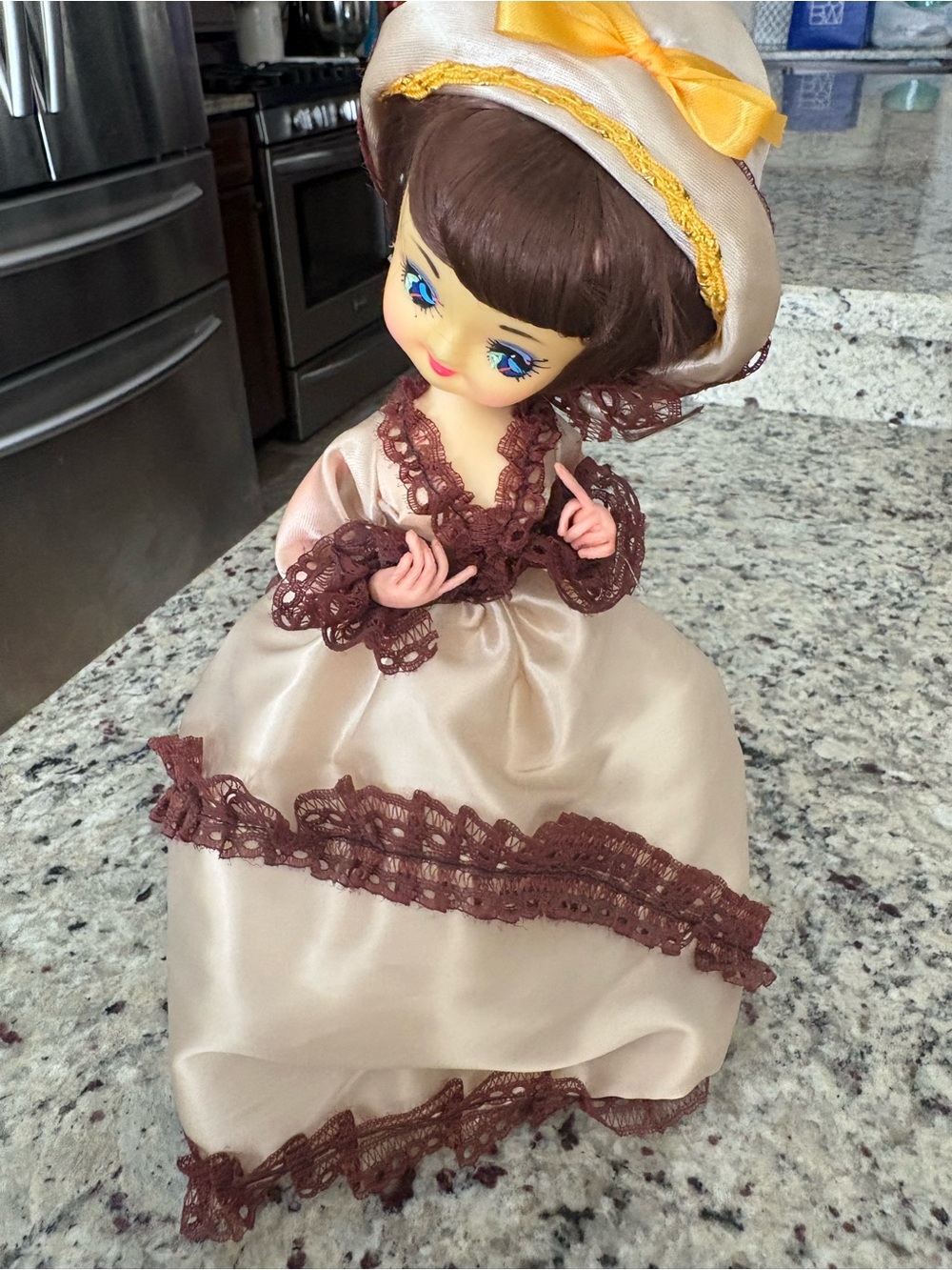 Bradley big eye dolls vintage collectible brown hair and cream dress GUC for age